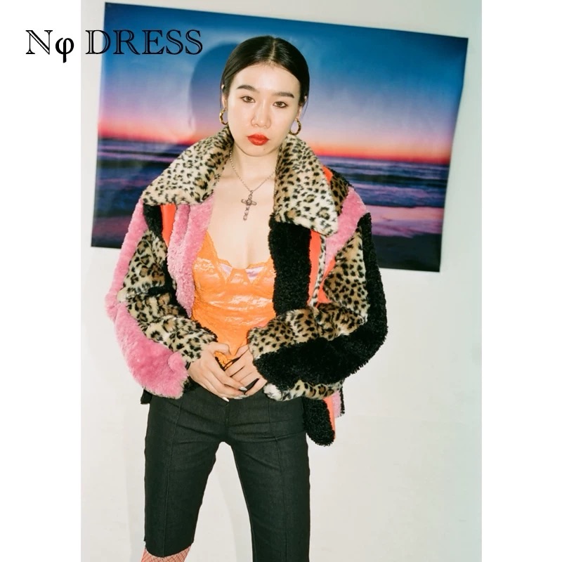 Nodress Women's Pink And Leopard Print Faux Fur Jacket